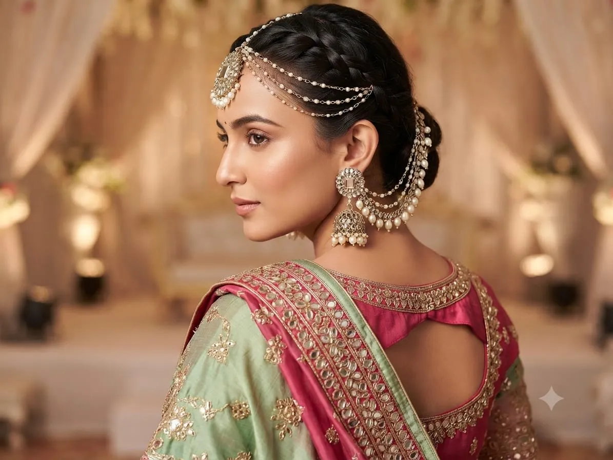 Model styled in the Sangeet Side-Glance look