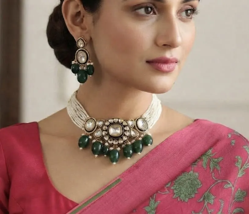 Model styled in the Pearl & Emerald look